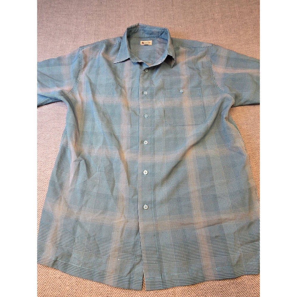 Haggar Shirt Men M Blue Gingham Check Chest Pocket Short Sleeve Collar Button Up